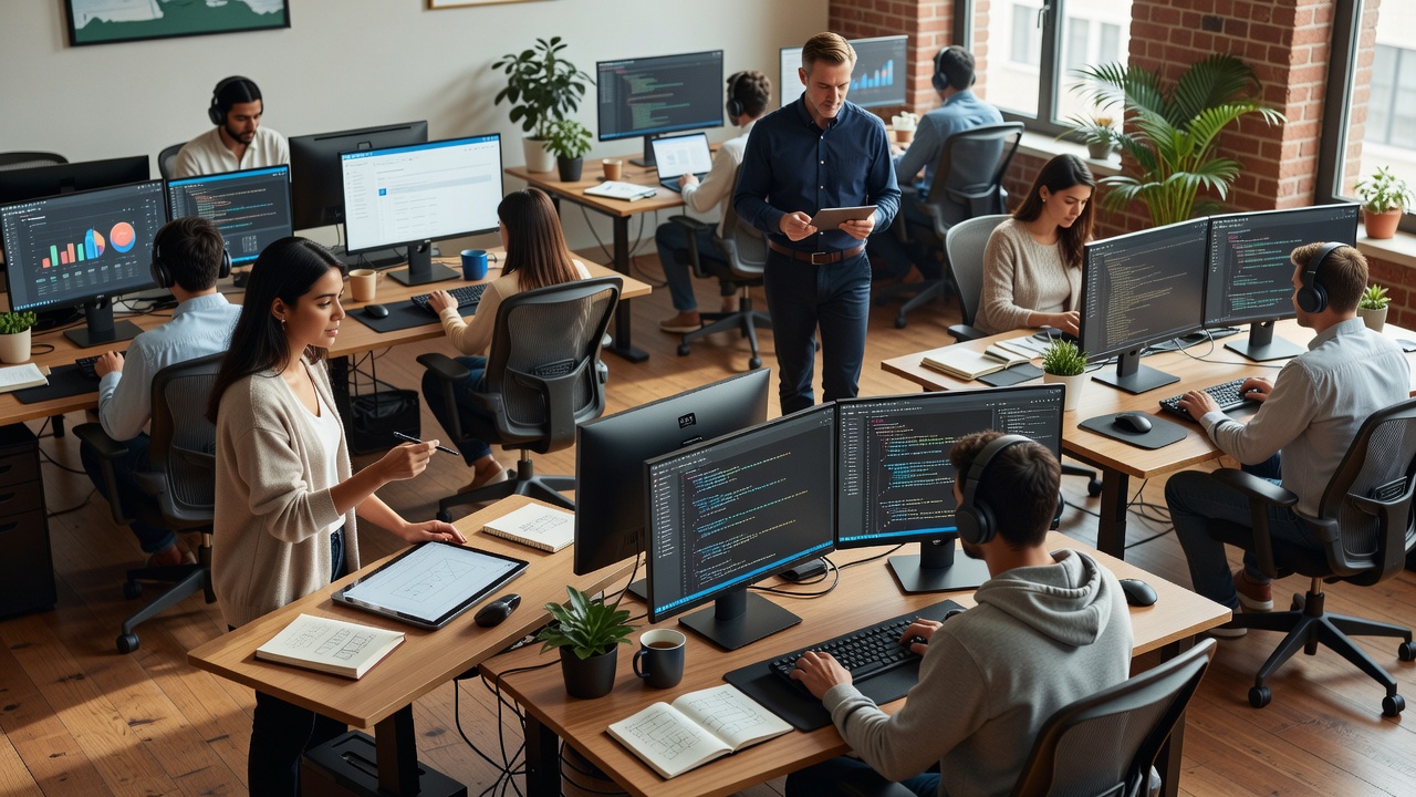 Remote workspace team collaborating asynchronously